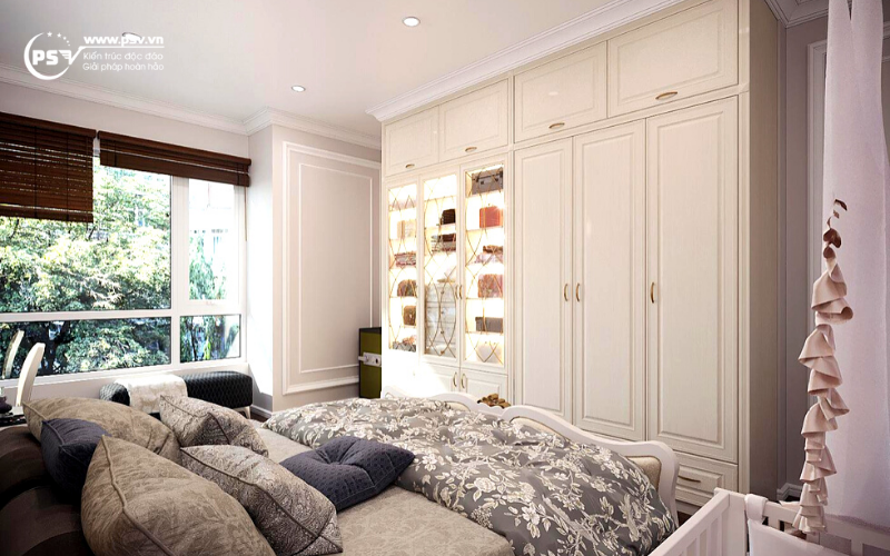 Phòng ngủ của căn hộ được thiết kế nội thất theo phong cách tân cổ điển