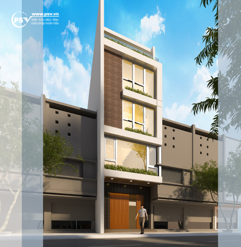 Mặt tiền tầng 3 và tầng 4 thiết kế chữ E kết hợp kính