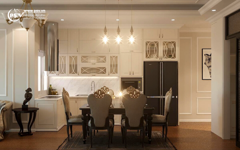 Phòng ăn của căn hộ được thiết kế nội thất theo phong cách tân cổ điển