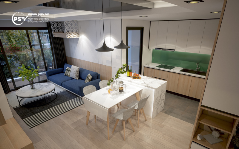 Không gian phòng ăn và phòng khách