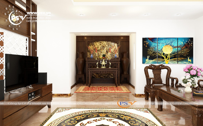Phòng thờ đặt bố trí hợp lý giữa phòng khách