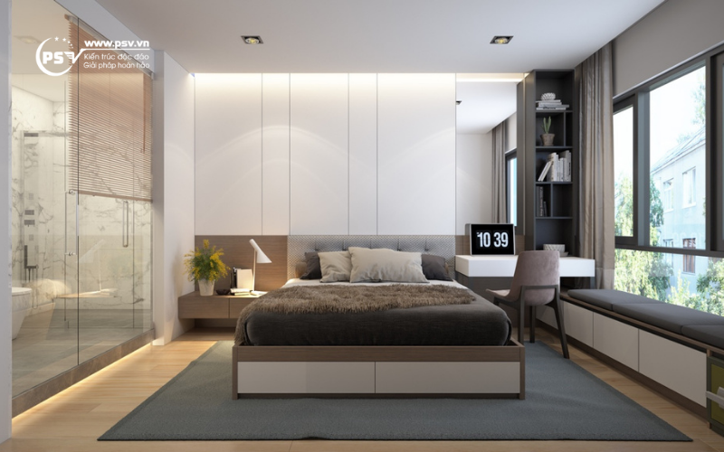 Phòng ngủ master với phòng tắm thiết kế lộ thiên 