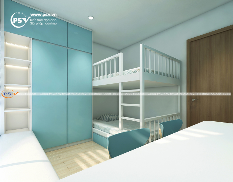 Không gian phòng ngủ của các con sử dụng tone xanh