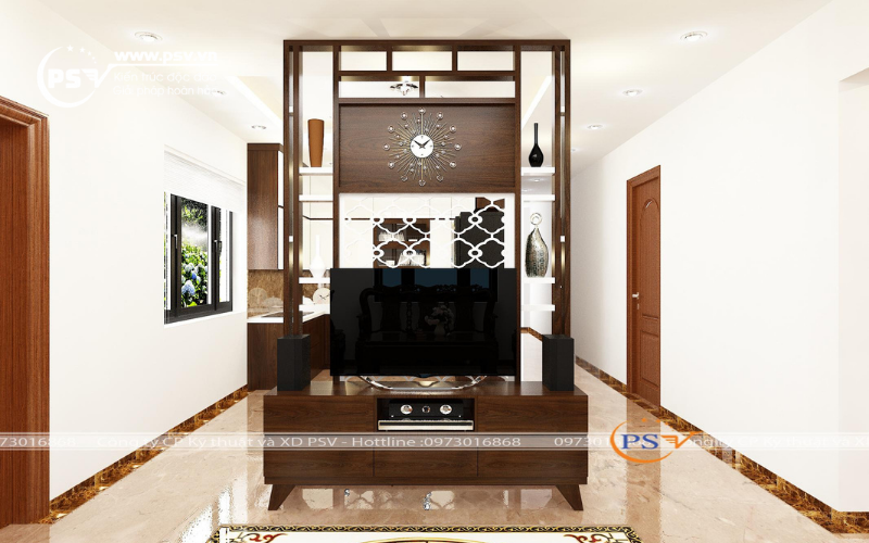 Thiết kế kệ tivi giữa phòng, mang đến không gian hiện đại cho căn biệt thự