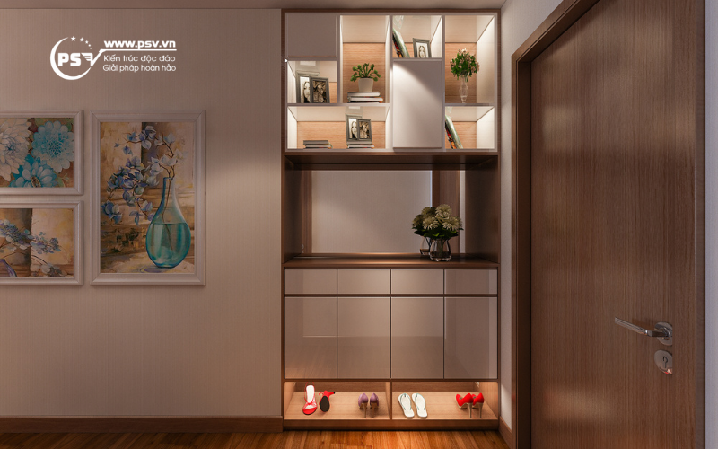 Tủ giày dép kết hợp kệ trang trí ngay cửa ra vào 