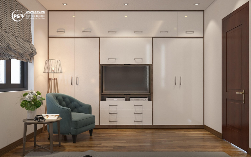 Tủ quần áo kết hợp kệ tivi trong phòng ngủ master