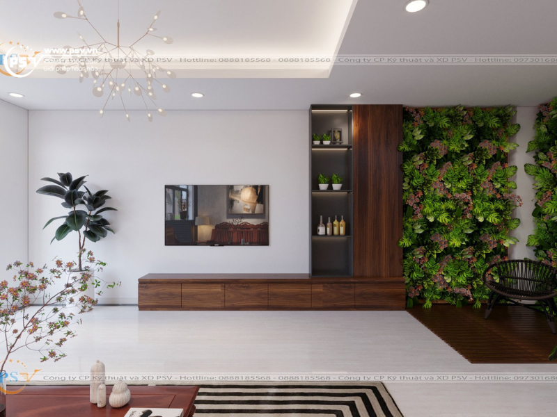 Tường cây xanh ấn tượng bên cạnh phòng khách