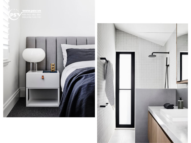 Sự kết hợp các gam màu trắng và xám đen trong thiết kế nội thất biệt thự 1 tầng phong cách hiện đại