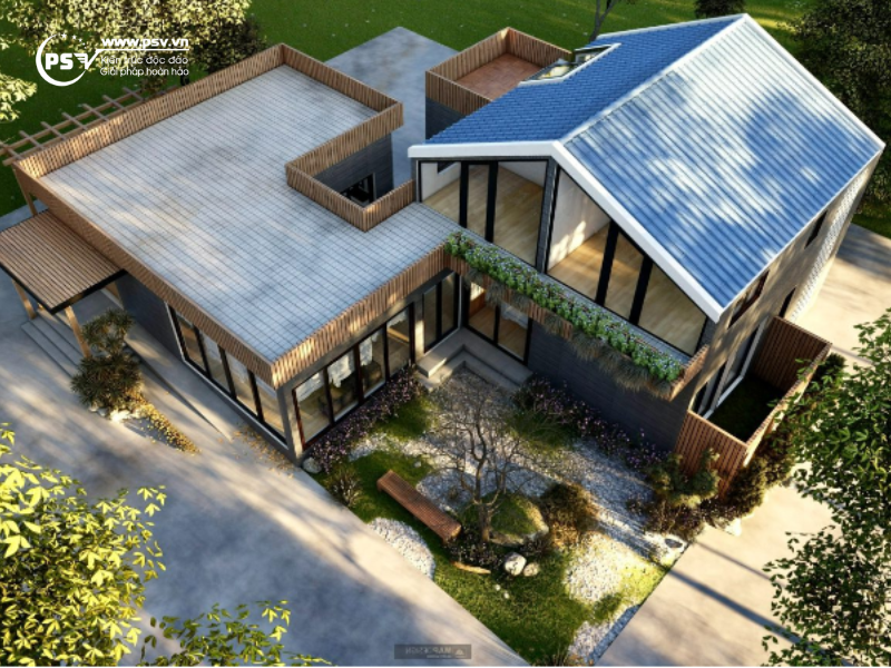 10. Mẫu nhà biệt thự vườn 2 tầng mái Thái chữ L