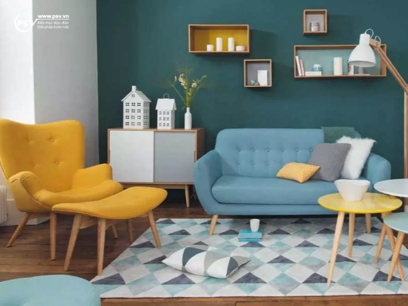 Sofa phong cách Retro làm điểm nhấn cho phòng khách căn biệt thự 2 tầng