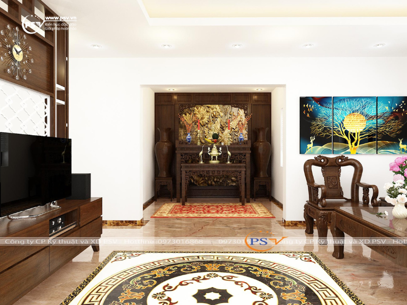 Thiết kế thi công phòng thờ ngay tại phòng khách tầng 1