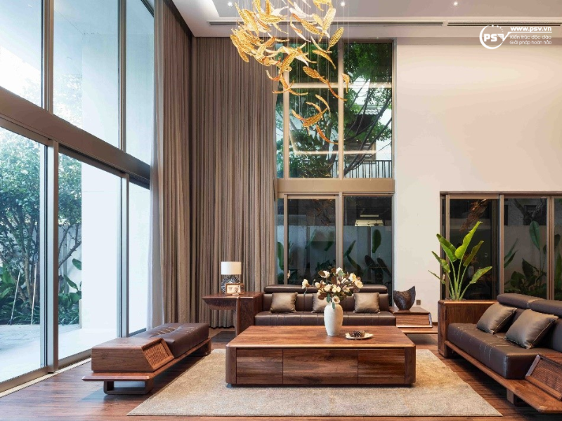 Phòng khách của căn biệt thự thiết kế xu hướng xanh